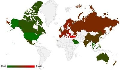 Карта мира: стоимость iPhone 5s в разных странах