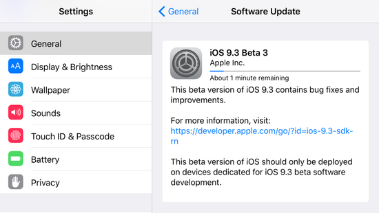 Вышла третья бета версия iOS 9.3